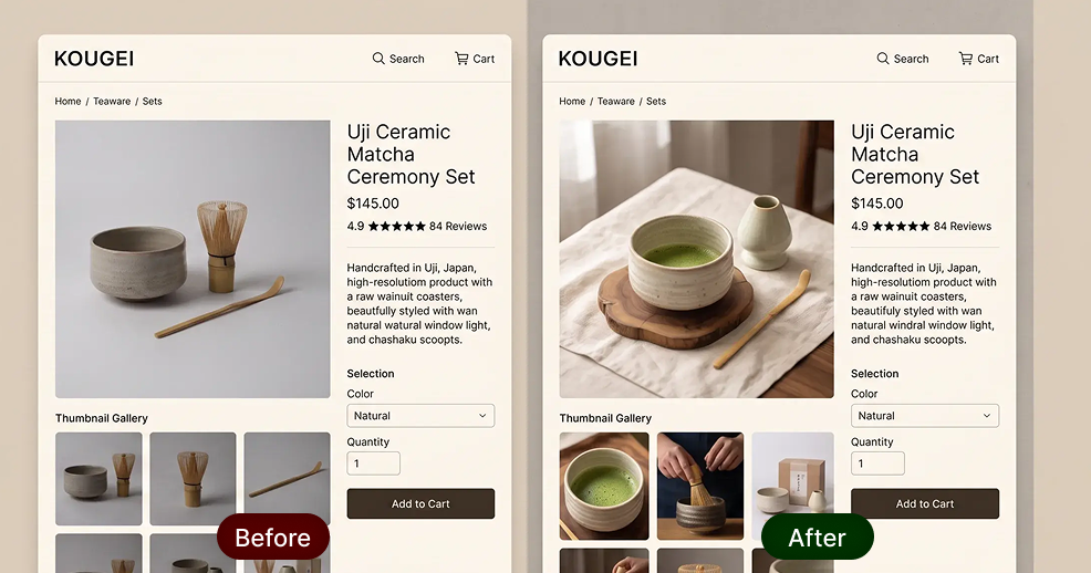 Before and after product preview on an online store